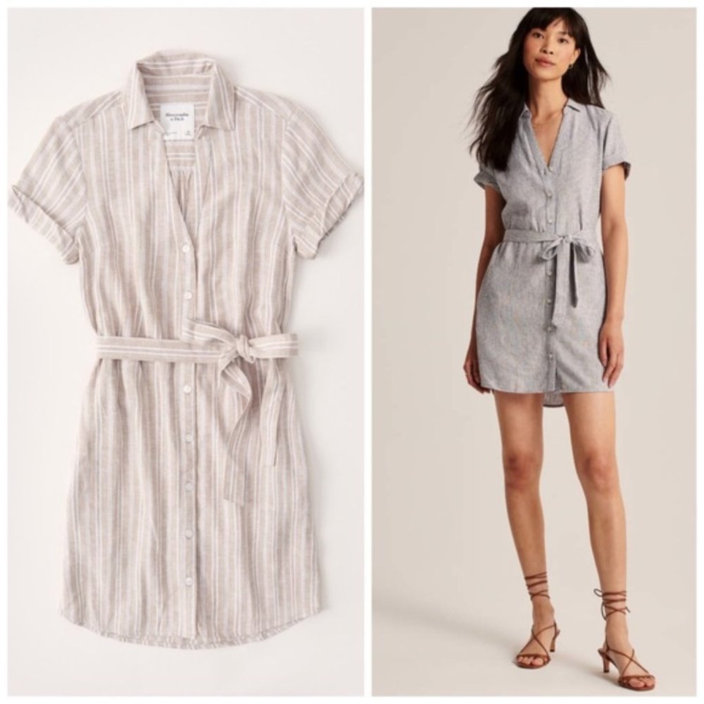 Abercrombie & Fitch Linen-Blend Shirt Dress Light Brown Stripe XXSP